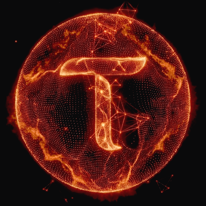 The Bittensor tau mark inside a glowing particle globe of continents and connected nodes, drawn in the site's dot-matrix ember style.